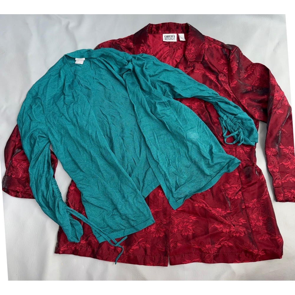 Chico's Design Red Floral Silk Jacquard Blazer & Teal Ruched Cardigan Size 3
